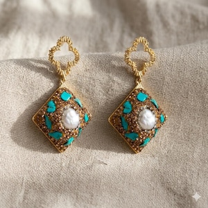 Baroque Pearl Drop Earrings Gold Turquoise Statement Vintage Byzantine Boho Luxury Jewelry Elegant Gift For Her