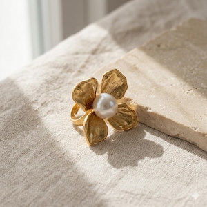 Gold Flower Pearl Ring Adjustable Statement Floral Large Bold Elegant Jewelry Gift for Her Trendy