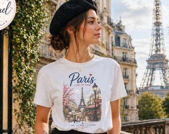 Paris Eiffel Tower Café Scene T-shirt | Vintage Paris Street Illustration