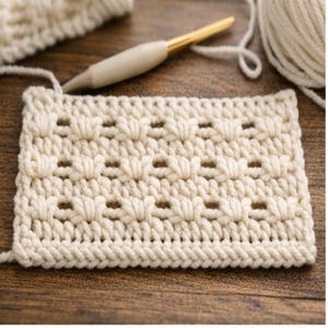 May include: Close-up of a cream-colored crochet swatch with a textured pattern. A gold and white crochet hook rests on the swatch, with a ball of yarn in the background. The stitch pattern creates a raised, floral-like design.
