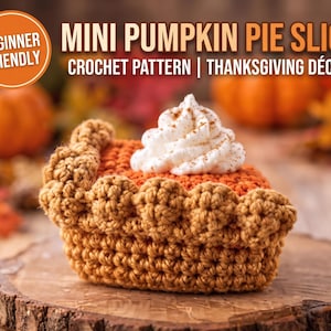 Può includere: Una fetta di torta di zucca in miniatura all'uncinetto con crosta marrone, ripieno arancione e panna montata bianca. Il testo recita: MINI PUMPKIN PIE SLICE CROCHET PATTERN | THANKSGIVING DÉCOR e BEGINNER FRIENDLY.