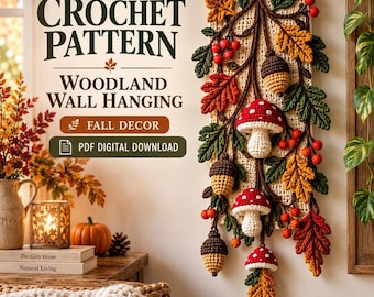 Mushroom Pattern PDF, Woodland Crochet Wall Hanging with Autumn Motifs