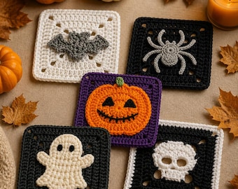 May include: Five square crochet coasters featuring Halloween motifs: a white coaster with a gray bat, a black coaster with a gray spider, a purple coaster with an orange jack-o'-lantern, a black coaster with a white ghost, and a black coaster with a white skull.