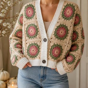 Boho Floral Crochet Cardigan Pattern, Granny Square Cardigan PDF, Sunburst Crochet Sweater, Vintage Crochet Pattern, Instant Download