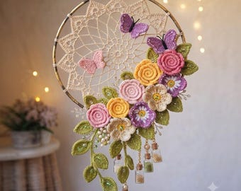 Boho Floral Dreamcatcher Crochet Pattern, Butterfly Roses Wall Hanging (PDF Download)