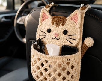 Crochet Kitty Cat Car Organizer Pattern, Hanging Storage Basket (PDF Download)