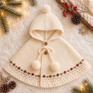 Pode incluir: Capa de malha creme com capuz e detalhe de pompom. A capa apresenta botões de madeira e uma borda decorativa com detalhes florais vermelhos e verdes. Uma roupa de inverno aconchegante.