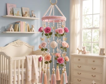 Rose Pearl Crochet Baby Mobile Pattern, Floral Nursery Crib Decor (PDF Download)