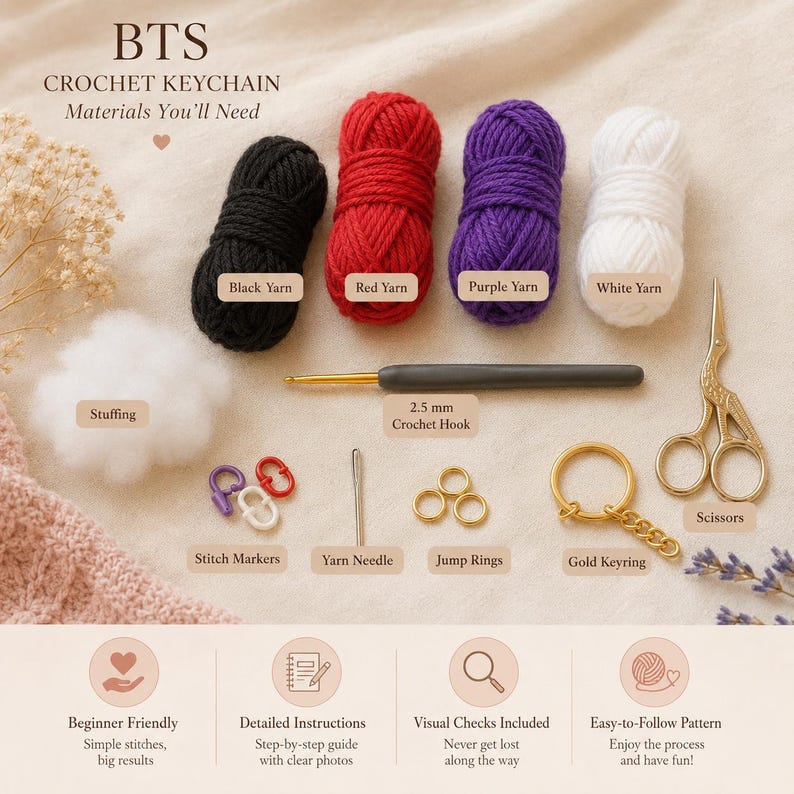 May include: A selection of crochet keychain materials, featuring black, red, purple, and white yarn, stuffing, a 2.5 mm crochet hook, scissors, stitch markers, a yarn needle, jump rings, and a gold keyring. The text "BTS CROCHET KEYCHAIN Materials You'll Need" is visible.