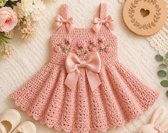 Rosebud Garden Babykleid-Muster, Blumenstickerei, Schleifen (PDF Download)