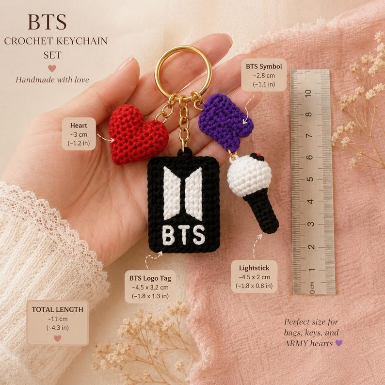 May include: A handmade crochet keychain set with a red heart, a purple symbol, a lightstick, and a black tag with "BTS" on it. The total length is 11 cm. The keychain is perfect for bags and keys.
