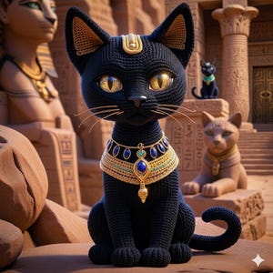 Puede incluir: Una figura de gato tejida a ganchillo en color negro con grandes ojos dorados brillantes, orejas puntiagudas con detalles interiores dorados y un collar de tono dorado adornado con gemas ovaladas azules y un colgante central, en posición sentada.