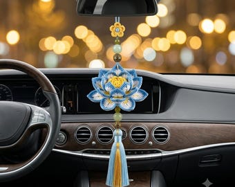 Crochet Lotus Flower Car Charm Pattern, Boho Rear View Mirror Ornament (PDF Download)