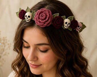 Skull Rose Flower Crown Crochet Pattern, Gothic Halloween Headpiece (Digital Download)