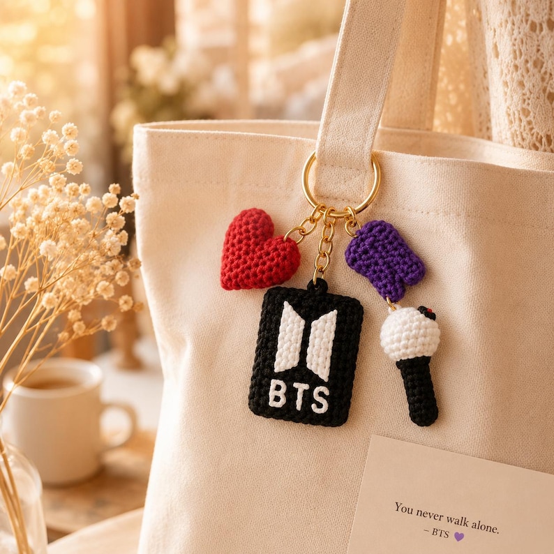 May include: A cream tote bag with a gold keyring holding four crochet charms. The charms include a red heart, a black rectangle with white lettering and logo, a purple shape, and a white and black microphone. A card with text is visible.