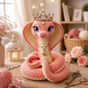 Op de afbeelding: Een gehaakte roze cobra met een crèmekleurige kap en buik, draagt een gouden kroon en hanger. De slang heeft grote paarse ogen en staat op een houten oppervlak. Decoratieve elementen zijn bloemen en een kaarslantaarn.