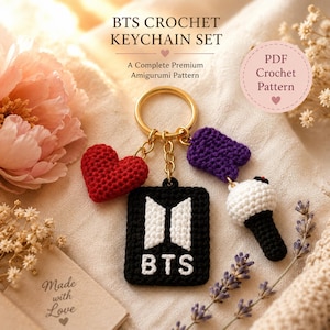 May include: A crochet keychain set featuring a red heart, a purple shape, a black and white logo, and a white and black microphone. The keychain set includes the text "BTS CROCHET KEYCHAIN SET" and "A Complete Premium Amigurumi Pattern".
