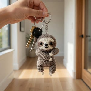 May include: A handmade crochet sloth keychain in shades of brown and cream. The sloth has a smiling face, small arms, and feet. The keychain is attached to a silver keyring with two keys.