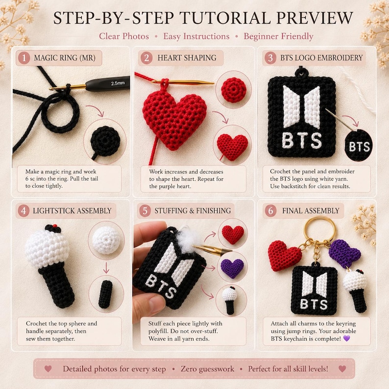 May include: A step-by-step crochet tutorial preview for a BTS keychain. The tutorial includes instructions for a magic ring, heart shaping, BTS logo embroidery, lightstick assembly, stuffing, and final assembly. The finished keychain includes a black and white logo, hearts, and a lightstick.