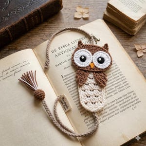 May include: Crocheted owl bookmark with brown and cream colors, featuring large white eyes with black pupils and an orange beak. The bookmark has a braided cord and a tassel. The text "Handmade with Love" is on a small tag.
