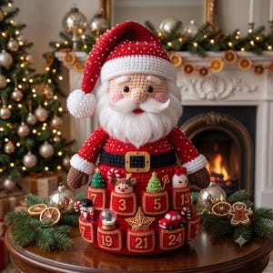 Puede incluir: Una figura de Papá Noel tejida a ganchillo con un gorro rojo con pompón blanco, barba blanca y cinturón negro con hebilla dorada. La base incluye varios bolsillos pequeños numerados 3, 5, 7, 13, 19, 21 y 24, que contienen adornos navideños.