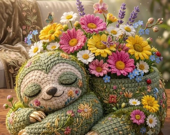 Sleeping Sloth Flower Basket Crochet Pattern | Amigurumi Plush Tutorial (PDF Download)