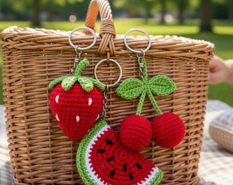 Crochet Fruit Keychain Pattern Bundle: Strawberry, Cherry, Watermelon Amigurumi (PDF Pattern)