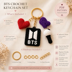 May include: BTS crochet keychain set with a red heart, purple heart, BTS logo panel, and lightstick charm. Includes a keychain ring, jump rings, and chain extender. The set includes a PDF pattern with detailed instructions and photos.