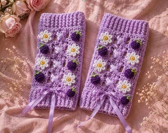 Wildberry Meadow Crochet Leg Warmer Pattern, Lace Up Daisy Berry Cottagecore (PDF Download)