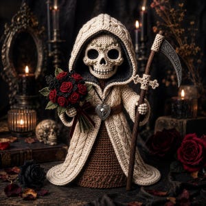 Puede incluir: Figura de esqueleto de ganchillo con una capa con capucha, sosteniendo un ramo de rosas rojas y una guadaña. La cara de calavera tiene detalles florales y un colgante de corazón. La capa es de color crema, sobre un fondo oscuro con velas.