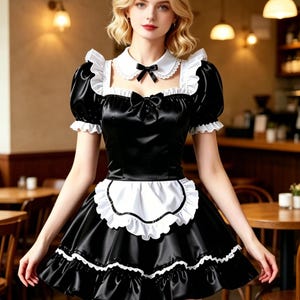以下が含まれることがあります： 黒いサテンのドレスで、短いパフスリーブ、白いピーターパンカラー、白いエプロンが重ねられています。ドレスは小さな黒いリボンが付いたスクエアネックラインで、襟、袖、エプロン、裾に白いレースのトリムがあり、スカートはフレアになっています。