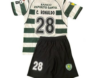 Cristiano Ronalo Sporting Kinder Retro Trikot Set #28, Fußball-Shirt Shorts