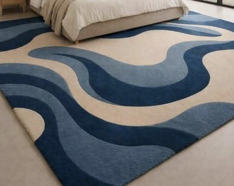 Alfombra Blue Wave tejida a mano, alfombra geométrica abstracta para sala de estar.