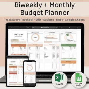May include: A laptop, tablet, and smartphone display a biweekly and monthly budget planner. The screen shows a spreadsheet with financial categories. The image includes the text "Track Every Paycheck • Bills • Savings • Debt • Google Sheets."