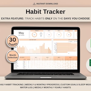 Può includere: Un laptop mostra un modello di monitoraggio delle abitudini con uno schema di colori beige e bianco. Lo schermo mostra un calendario mensile, grafici e campi dati. Include il monitoraggio delle abitudini, la selezione mensile e l'integrazione con Google Sheets ed Excel.