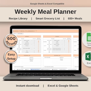 May include: A laptop screen displaying a Weekly Meal Planner template compatible with Google Sheets and Excel. The interface features sections for daily meals, a recipe library, and a smart grocery list, with icons for Google Sheets and Excel.