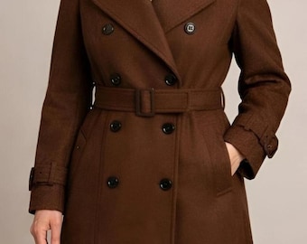 Gabardina de lana marrón para mujer, abrigo largo vintage de invierno