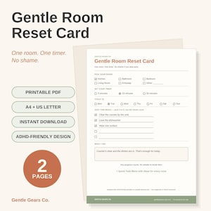 Sanfte Raum-Reset-Karte | Checkliste für die Reinigung bei ADHS (zum Ausdrucken) | Timer ohne Schuldgefühle | PDF-Download für einen neurodiversen Wohnraum-Reset
