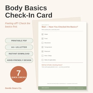 ADHD Body Check-In Card, Basic Needs Checklist Printable, Interoception Tool for Adults, PDF