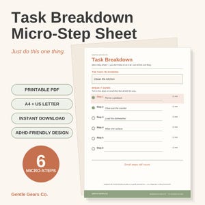 Arbeitsblatt zur Aufgabenstrukturierung, druckbarer Mikroschrittplaner für ADHS, PDF-Aufgabenplaner für exekutive Funktionen, digitale Liste für überfordernde Aufgaben (Download)