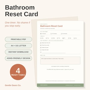 Bathroom Reset Card | ADHD Cleaning Checklist | 5 15 30 Minute Timer Printable | Low Overwhelm Bathroom Chore Chart | Instant Download PDF