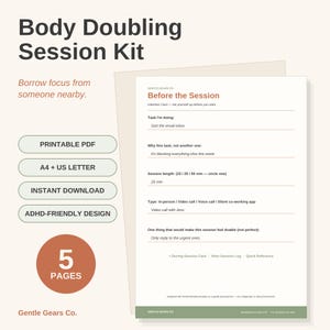 Utskrivbar Body Doubling, ADHD-fokussessionsplanerare, Pomodoro-produktivitetsarbetsblad, PDF-kit för ansvarstagande i studier hemifrån