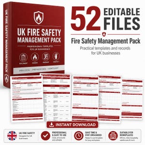 Puede incluir: Un paquete de gestión de seguridad contra incendios en el Reino Unido con una carpeta roja, texto blanco y un icono de escudo. Incluye 52 archivos editables, plantillas y registros para empresas. Muestra ejemplos de documentos y un botón de descarga.