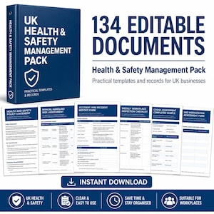 May include: A dark blue binder titled UK Health & Safety Management Pack containing 134 editable documents, such as policy statements, risk assessments, and inspection checklists. The set includes text for instant download and workplace organisation.