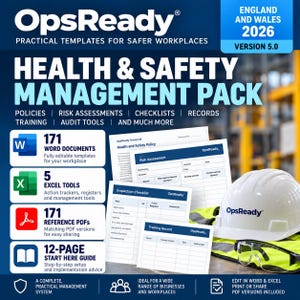 Puede incluir: Paquete de gestión de salud y seguridad OpsReady 2026 para Inglaterra y Gales versión 5.0. Incluye 171 documentos de Word, 5 herramientas de Excel, 171 PDF de referencia y una guía de 12 páginas. Con casco blanco y gafas de seguridad sobre chaleco.