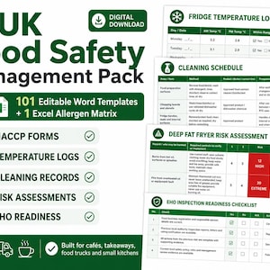 UK Food Safety Management Pack | 101 Editable HACCP Templates, Risk Assessments, Cleaning Logs & EHO Compliance Forms
