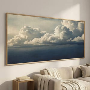 Misty Cloud Wall Art, Panoramic Sky Canvas, Vintage Moody Wall Decor, Wide Framed Canvas for Above Sofa