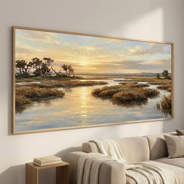 Extra Wide Wetland Wall Art, Neutral Lake Canvas, Golden Marsh Sunset Landscape, Framed Coastal Wall Decor