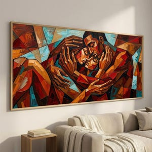 Extra Wide Couple Art Giclee Canvas Print, Intimate Canvas, Angular Wall Art for Romantic Modern Bedroom Decor