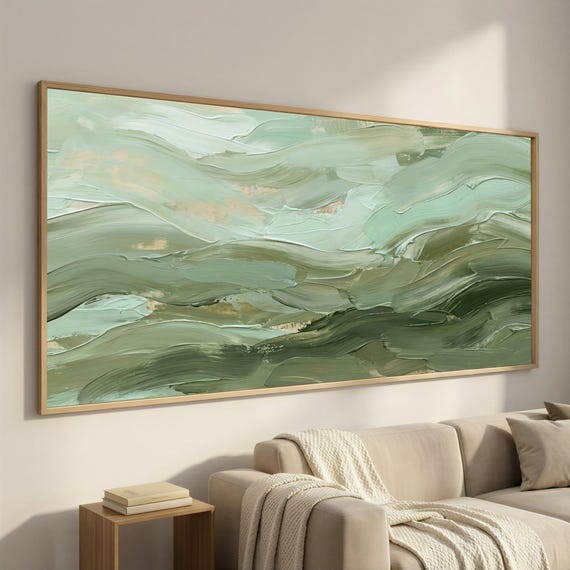 Abstract Sage Olive Wall Art, Extra Wide Green Brushstroke Canvas, Minimal Framed Horizontal Art for Living Room Decor